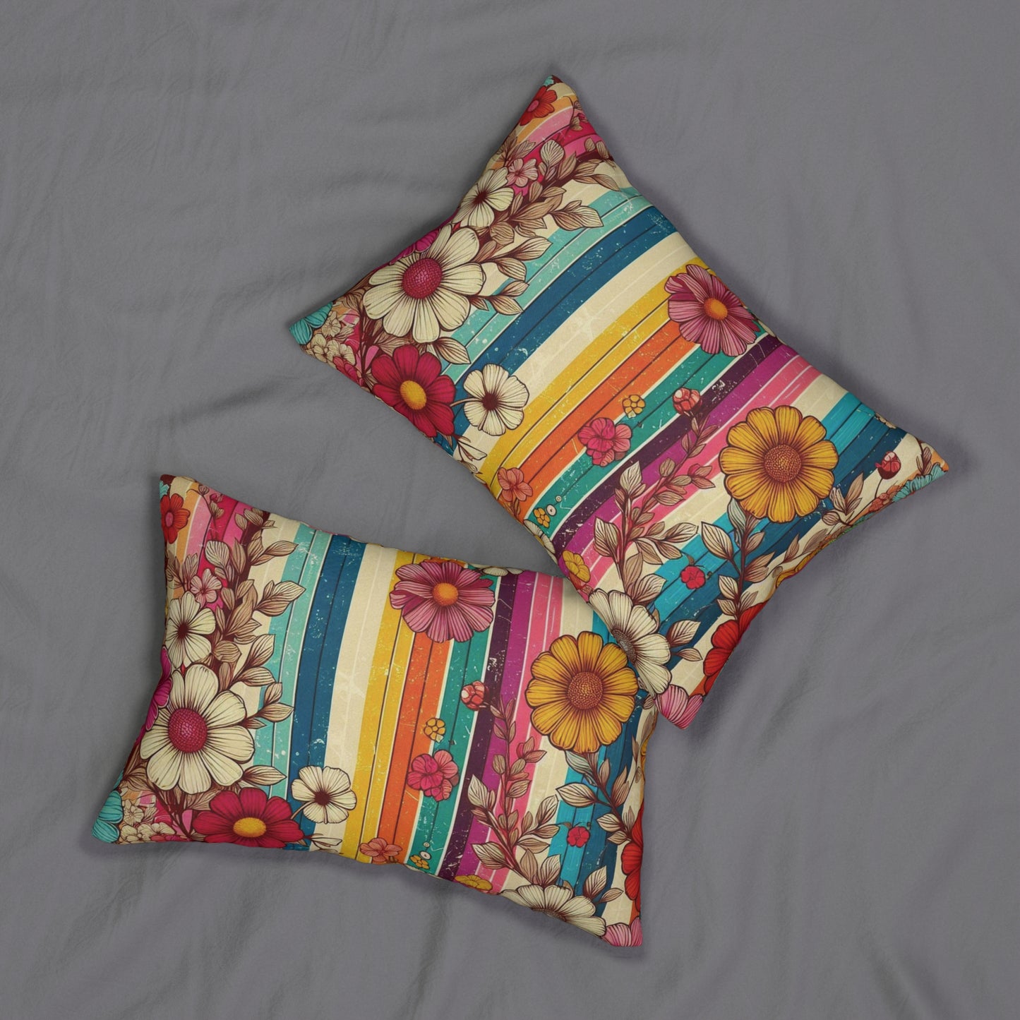 Lumbar Pillow - Retro 70s Inspired Bold Stripes & Nostalgic Florals