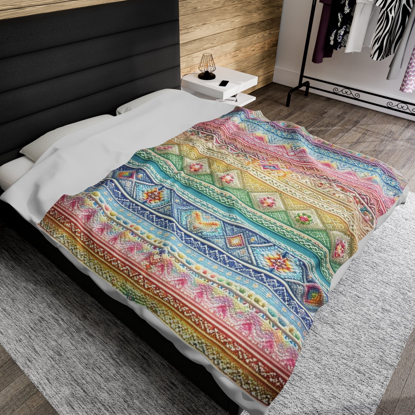 Retro Rainbow Geometric Plush Blanket - Soft Velveteen Throw with Vintage Granny Chic Design - Cozy Medium-Heavyweight Blanket