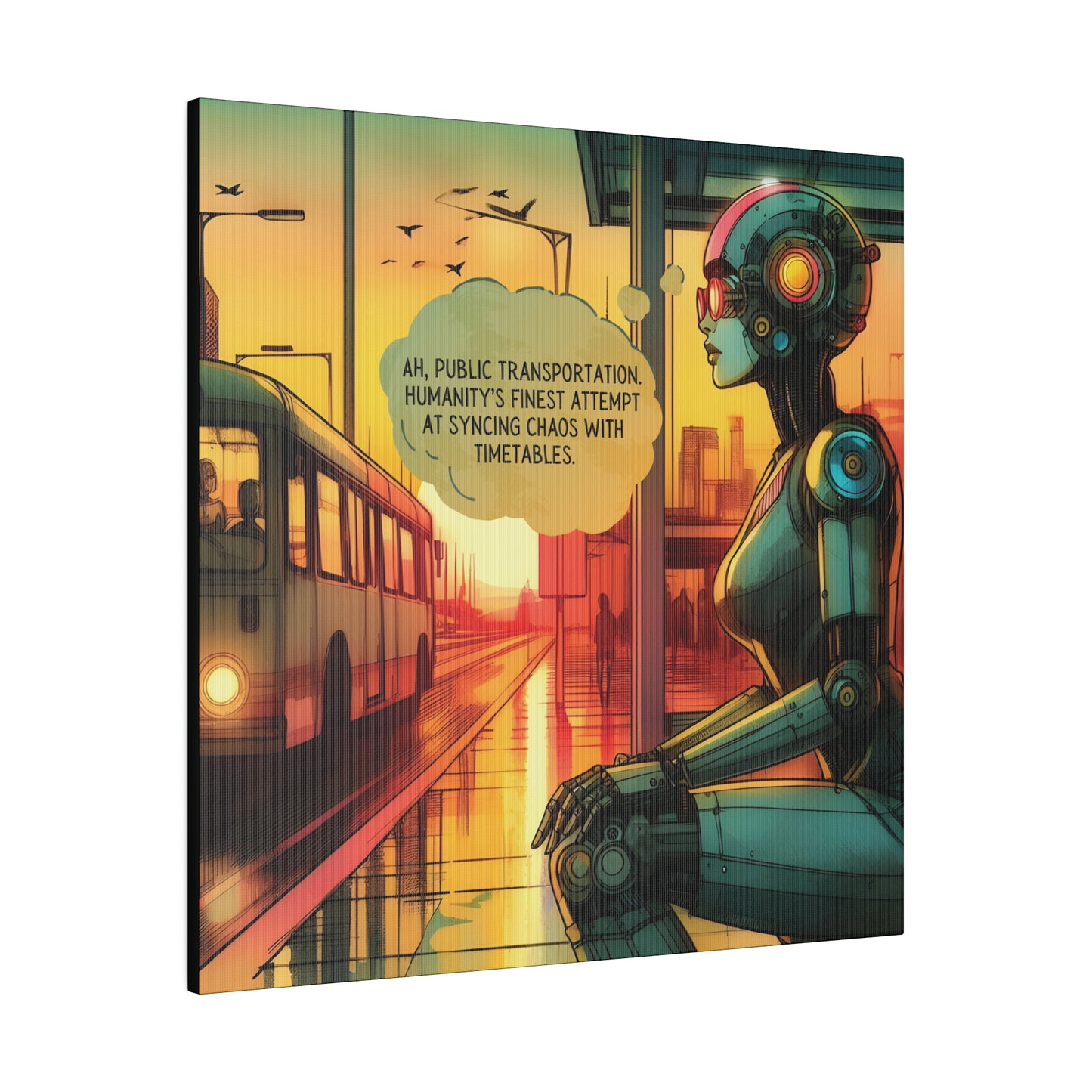 Funny Canvas Print - Retro Sci-Fi Robot Bus Stop Graphic Novel Art, Watercolor Style, Sunset, Moody, Futuristic, Matte Wall Art, Stretched Canvas