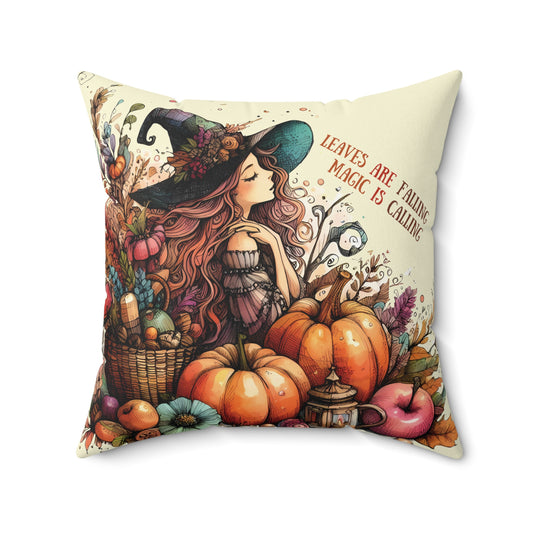 Faux Suede Autumn, Halloween Cottagecore Pillow - "Leaves Are Falling, Magic Is Calling" - Cute Witch Fairy Relishing Autumn Air