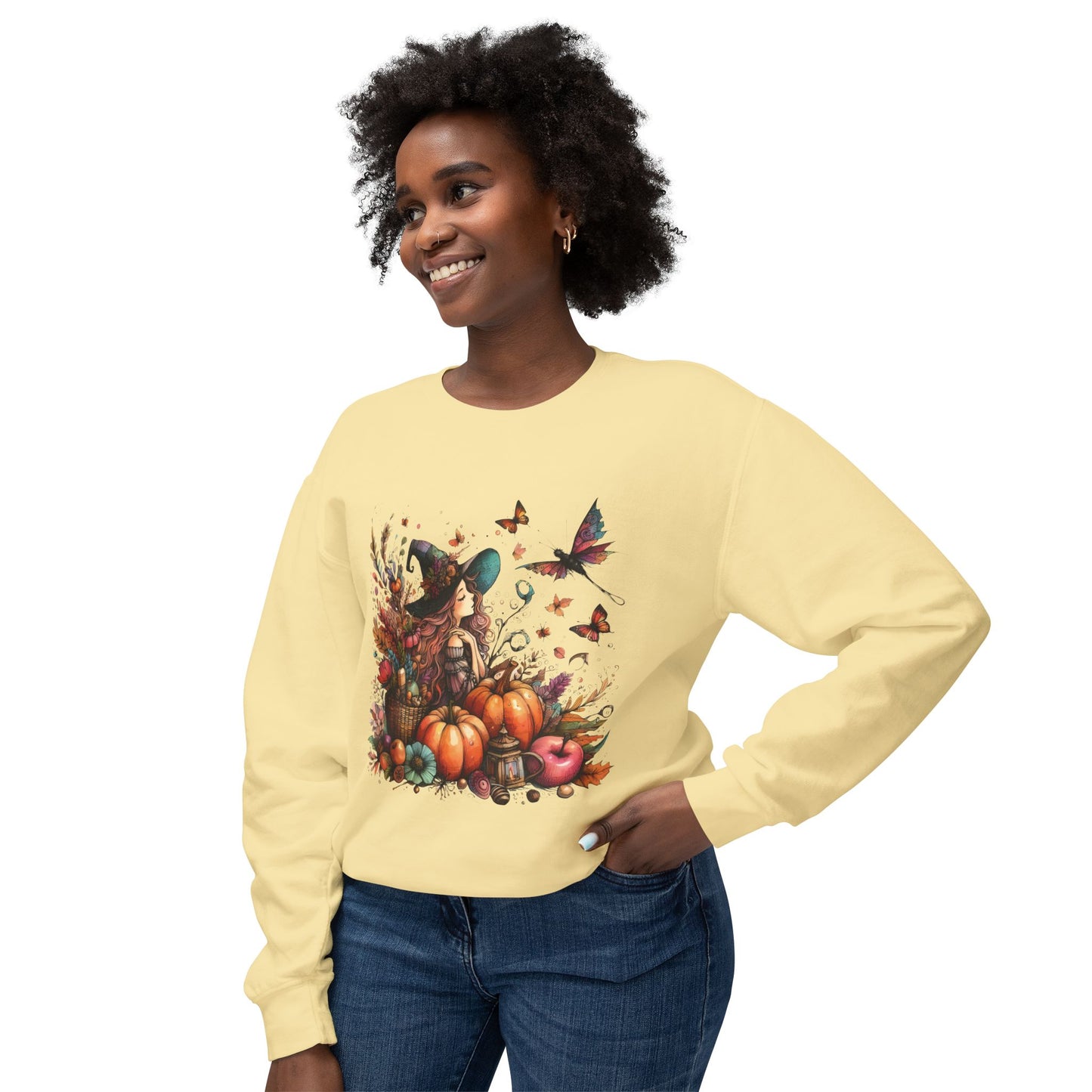 Lightweight Autumn Crewneck Sweatshirt - Whimsical Autumn Fairy Witch