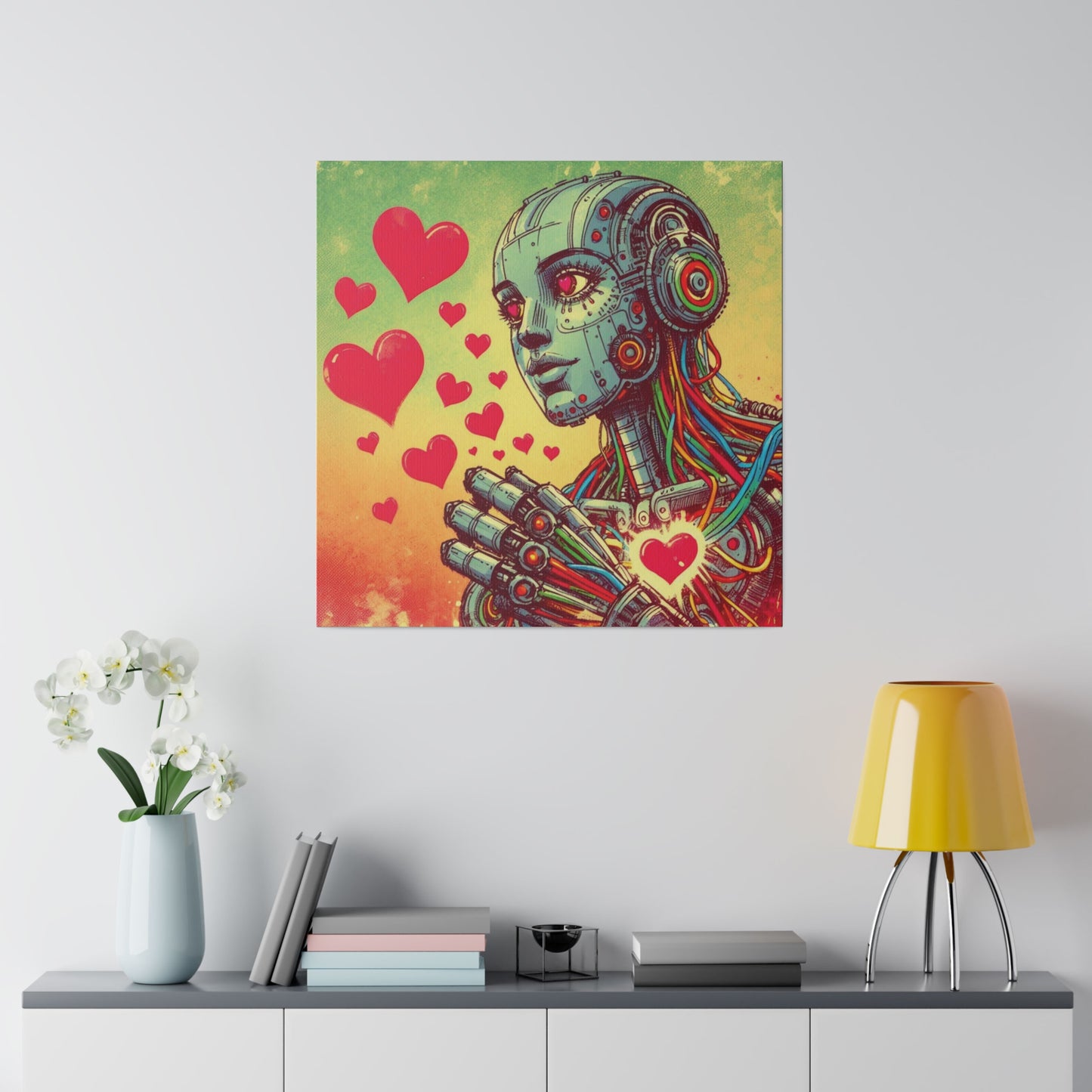 Retro-Futuristic Robot Love Matte Canvas – Graphic Novel Style Sketch, Vibrant Wall Art