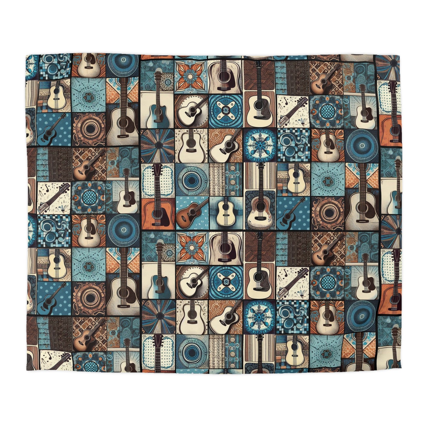 Duvet Cover - Acoustic Guitar Patchwork in Blue & Brown Hues