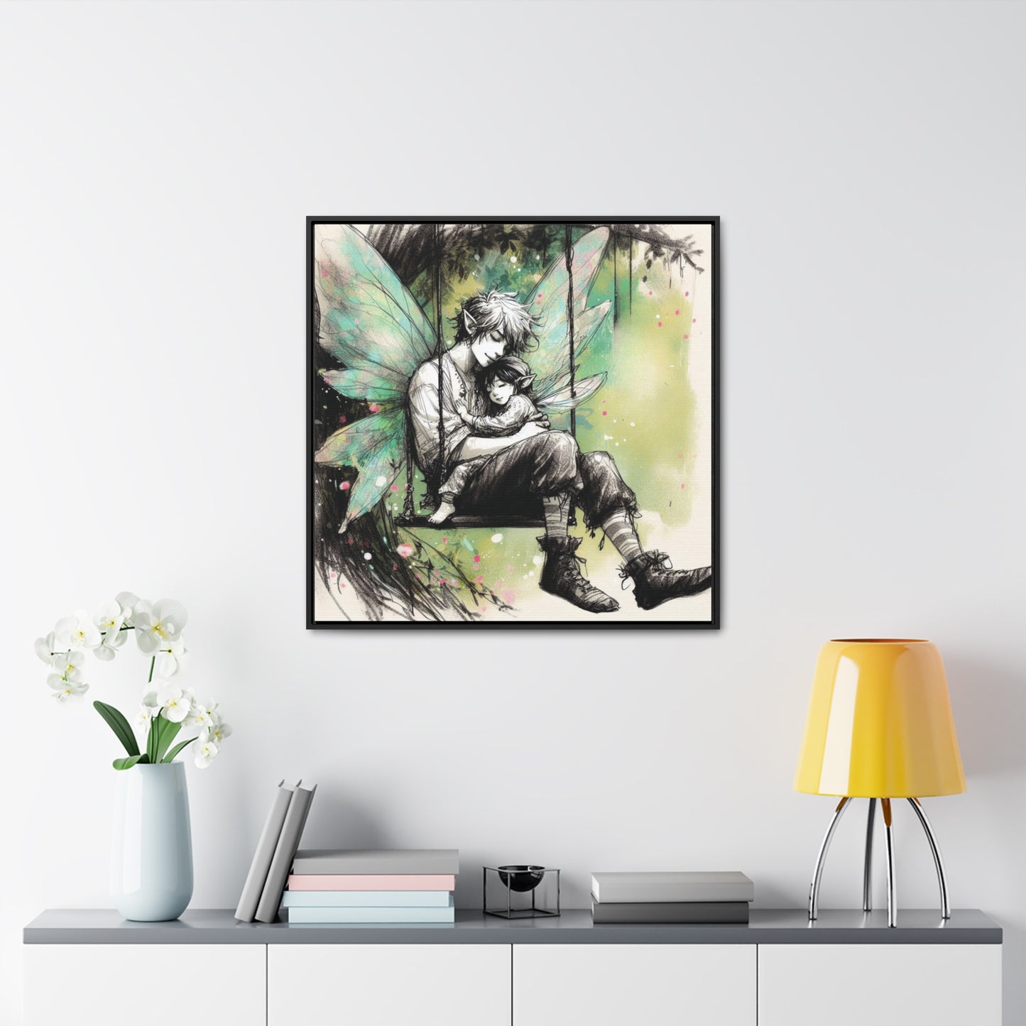 Father Fairy with Daughter on Swing, Gallery Wrapped Canvas Print - Sweet Fatherly Bond Wall Art for Nurseries or Child's Bedroom