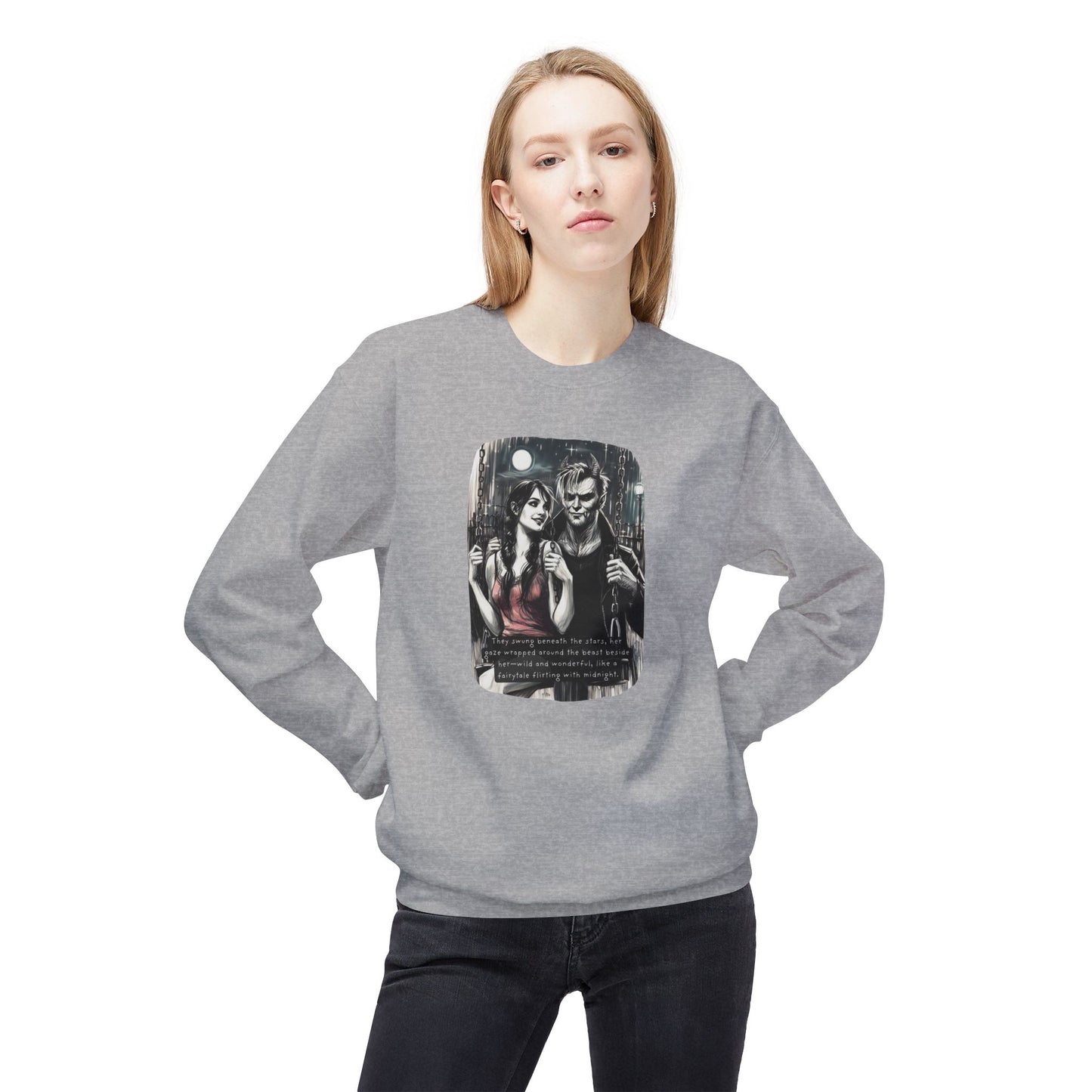 Swing Me to the Moon (Beautiful Monsters Collection) - Unisex Midweight Softstyle Fleece Crewneck Sweatshirt, Multiple Colors Available