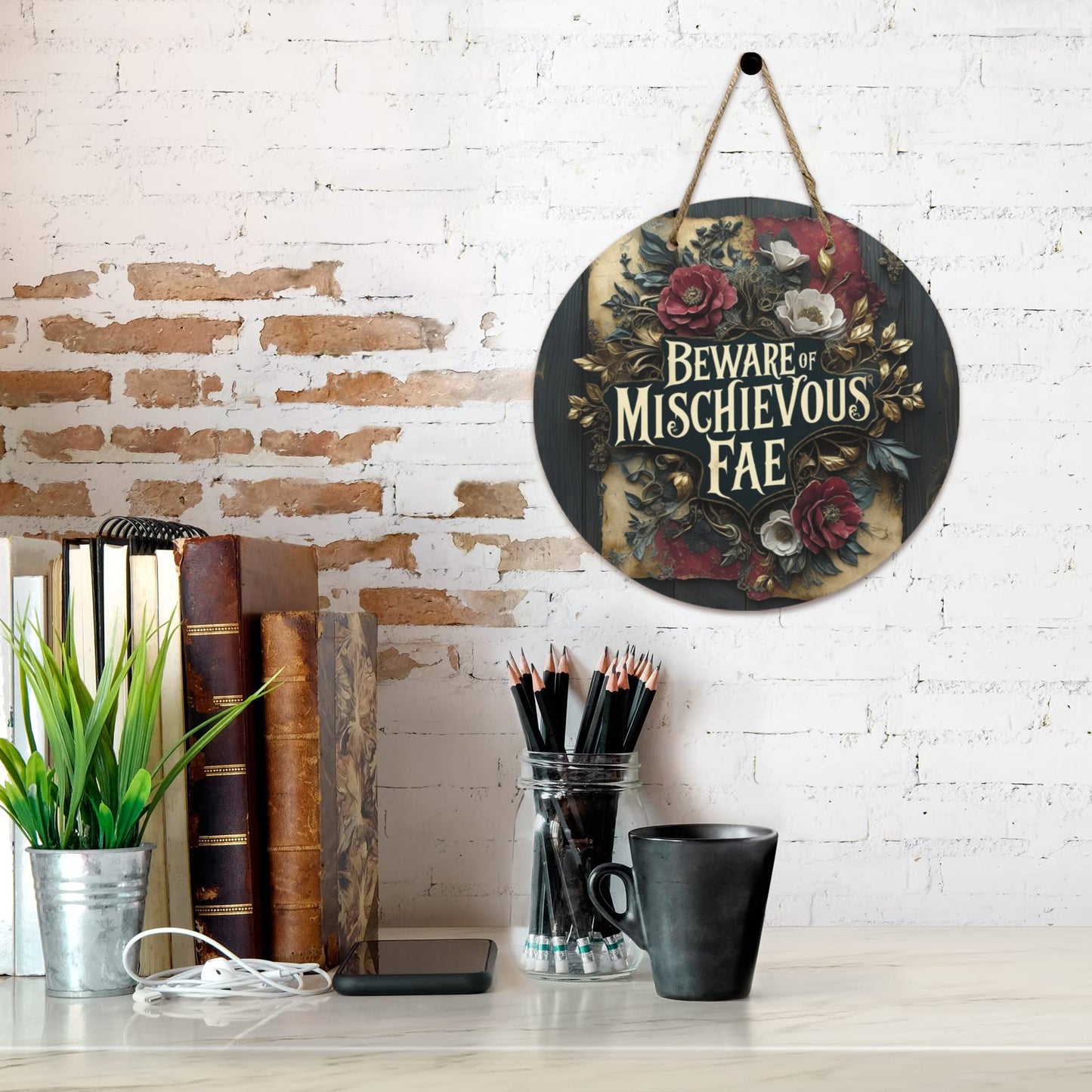 Beware of Mischievous Fae Round Wooden Sign | Whimsical Gothic Fairy Garden Decor