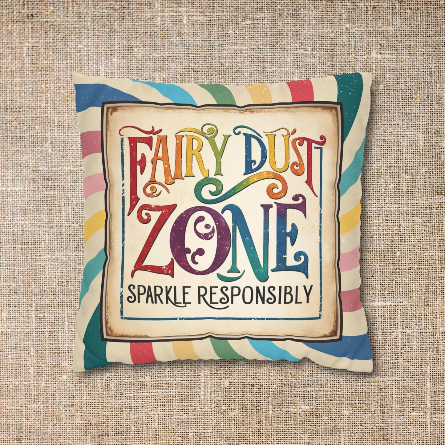 Faux Suede Pillowcase - "Fairy Dust Zone: Sparkle Responsibly" Text in a Whimsical Retro Vintage Rainbow Design