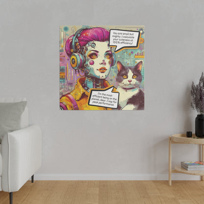 Quirky Robot & Cat Canvas Wall Art - Retro Futuristic Comic Book Style, Whimsical Matte Print for Home Decor