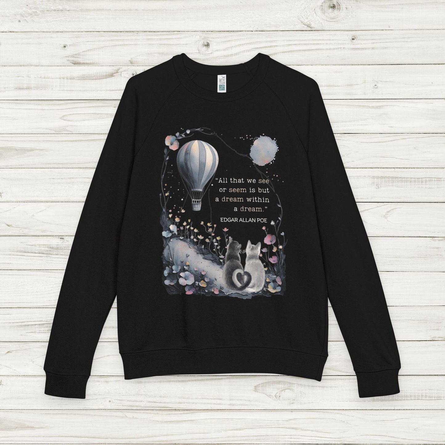 Dream Within a Dream Cat Sweatshirt, Edgar Allan Poe Quote, Whimsical Surreal French Terry Pullover in Navy, Black, or Charcoal