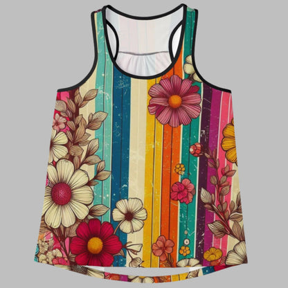 Racerback Tank Top - 70s Style Bold Stripes and Wildflowers