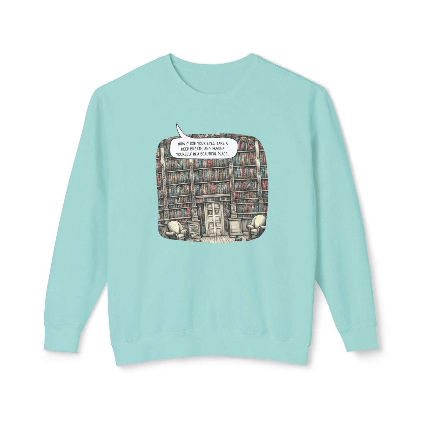 Book Lover's Magical Library Sweatshirt, Illustrating a Ceiling-to-Floor Literary Oasis on a Whimsical Print - Lightweight Attire for Fall and Winter