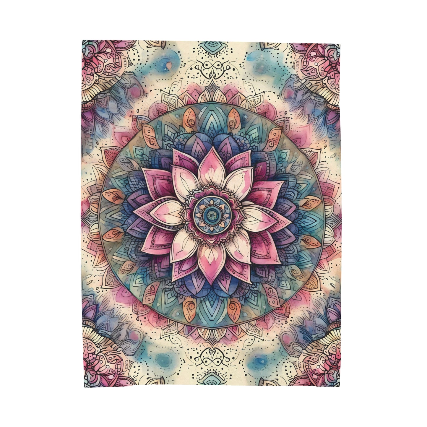 Velveteen Plush Boho Blanket - Vibrant Mandala Pattern with Blue, Purple, Pink, and Cream