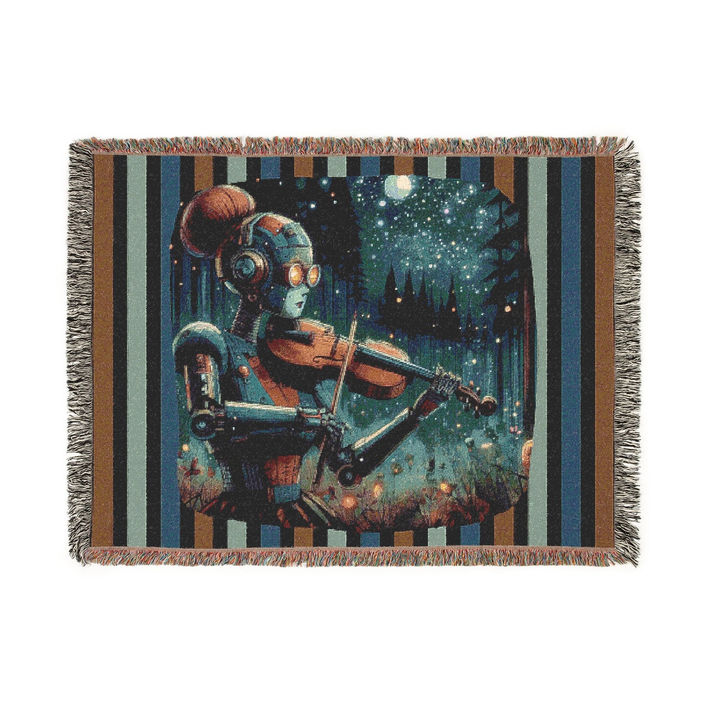 Woven Blanket -  Retro-Futuristic Robot Playing Violin in the Forest Night