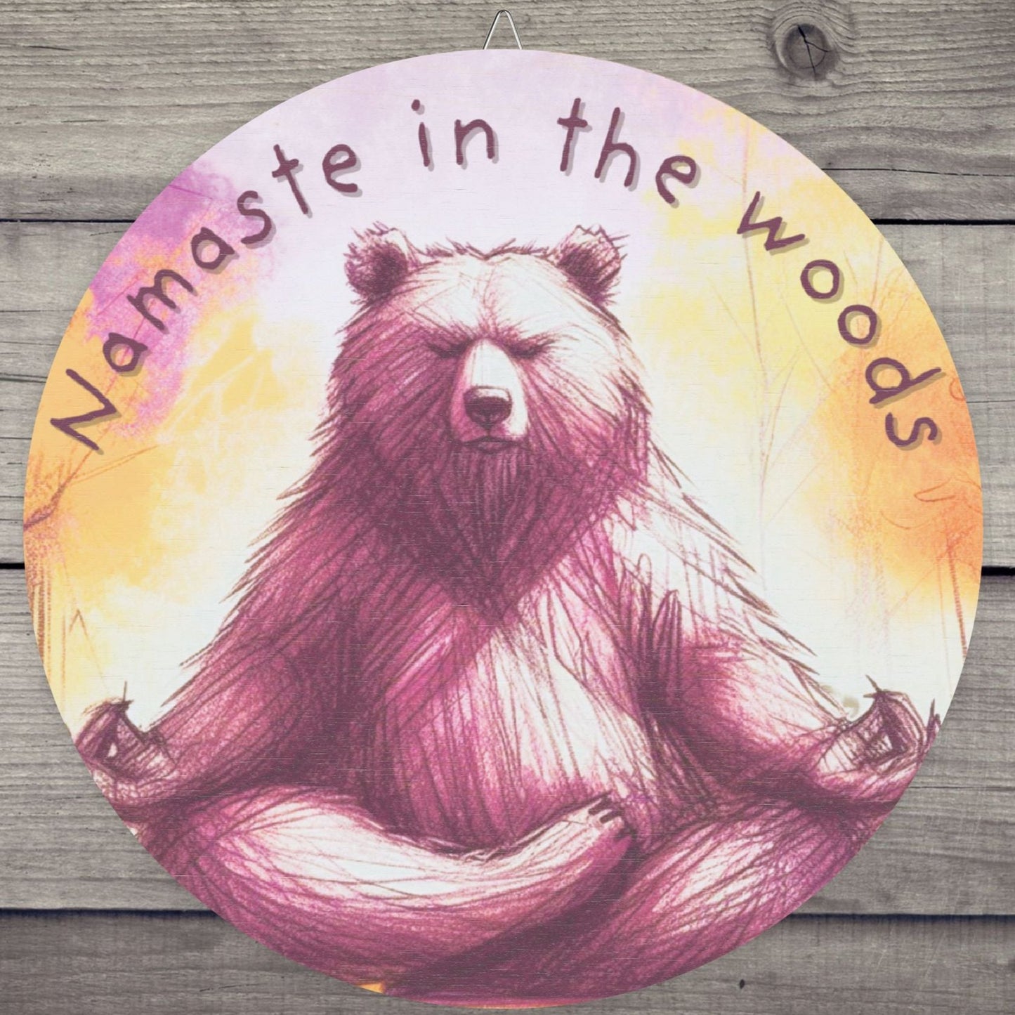 Whimsical Bear Meditation Wood Sign – 'Namaste in the Woods' Fall Forest Wall Art for Cozy Home Decor or Yoga Spaces