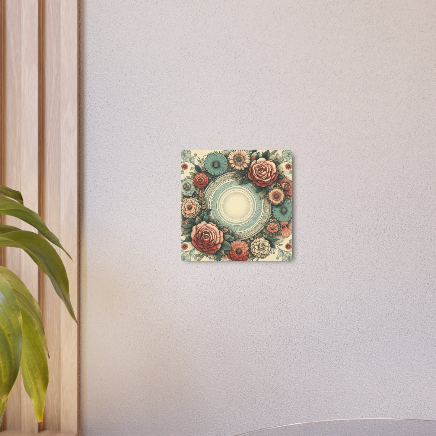 Vintage Rose Geometric Metal Wall Art - Retro-Inspired Design with Rose and Teal Hues - Durable Matte Finish Aluminum