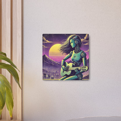 Metal Wall Art - Moody Retro-Futuristic Robot Guitarist Scene, Purple Green with Vintage Overlay
