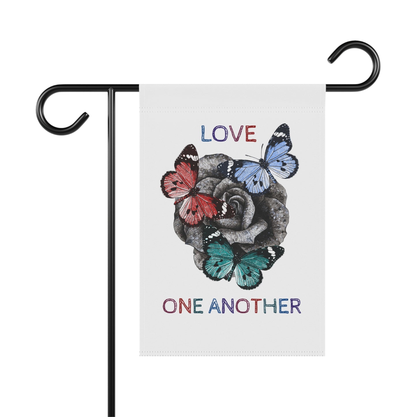 Yard Flag / Garden Banner - Summer or Spring "Love One Another" Message with Rose and Butterflies