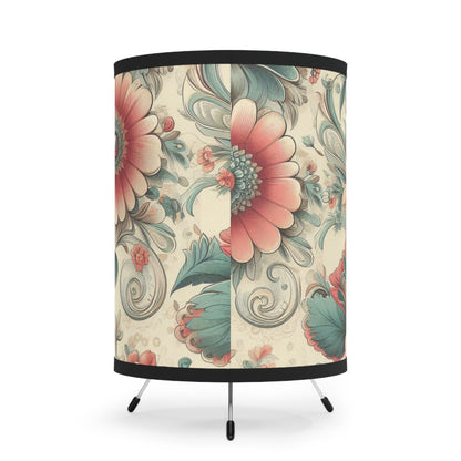 Grandma Chic Tripod Lamp with Retro Floral Design - Teal & Deep Peach Hues - Vintage-Inspired Accent Lighting for Cozy Living Spaces