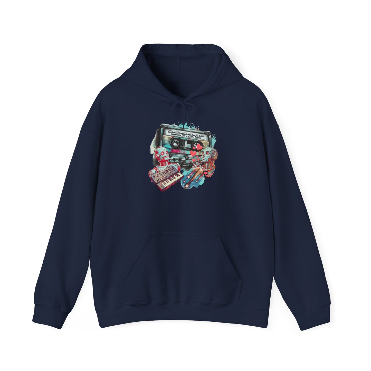 Retro Stardust Melodies Hoodie - Mixtape Collage Design,  Cozy and Perfect for Music Lovers and Fall Festival Attire