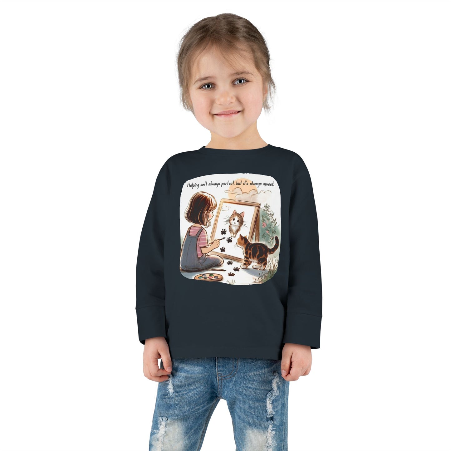 Toddler Long Sleeve Tee - Whimsical Cat Portrait Shirt for Kids, Playful Artistic Unisex Top, Soft