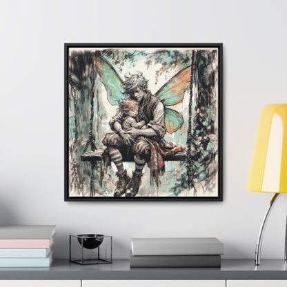 Daddy and Baby Fairy on Swing Gallery Wrapped Canvas Print - Sweet Fatherly Bond Wall Art for Nurseries or Child's Bedroom