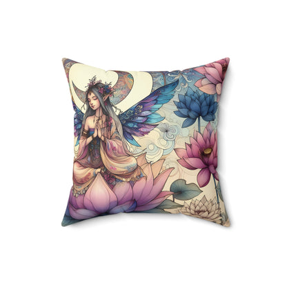 Square Pillow - Celestial Lotus Fairy with Pink, Blue, and Creme Hues