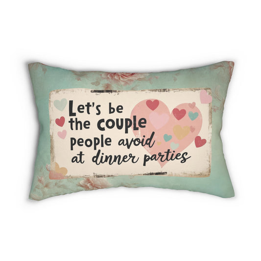 Quirky Romance Lumbar Pillow, "Let's Be the Couple People Avoid at Dinner Parties - Vintage Style Valentine Decor with Hearts & Flowers