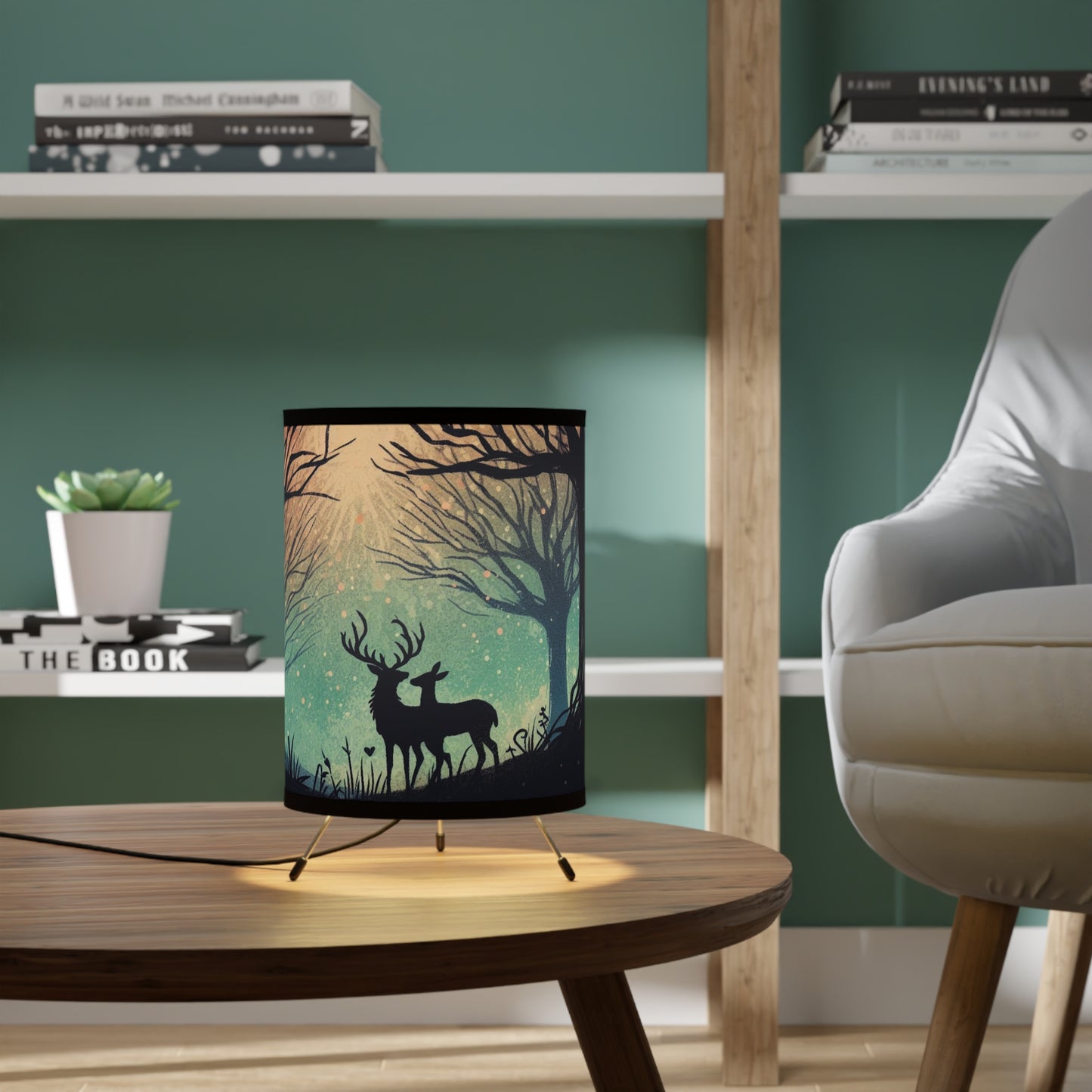 Tripod Table Lamp - Silhouetted Doe and Stag in Forest