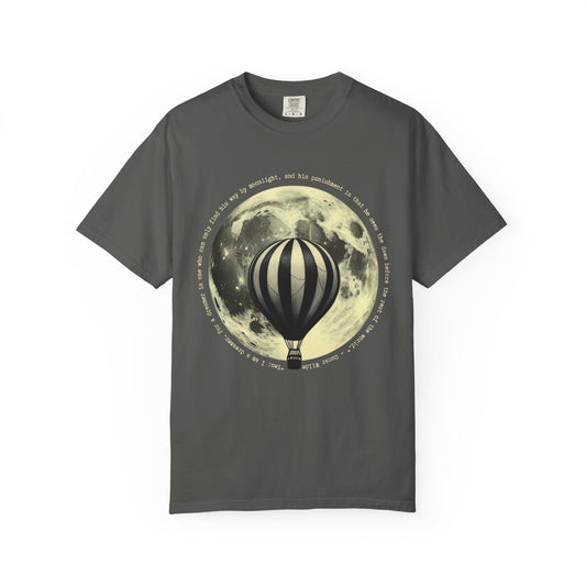 Moonlight Wanderer Comfort Colors T-Shirt, Oscar Wilde Quote Shirt, Hot Air Balloon & Moon Tee, Dark Fantasy Graphic, Literary Dreamer Gift