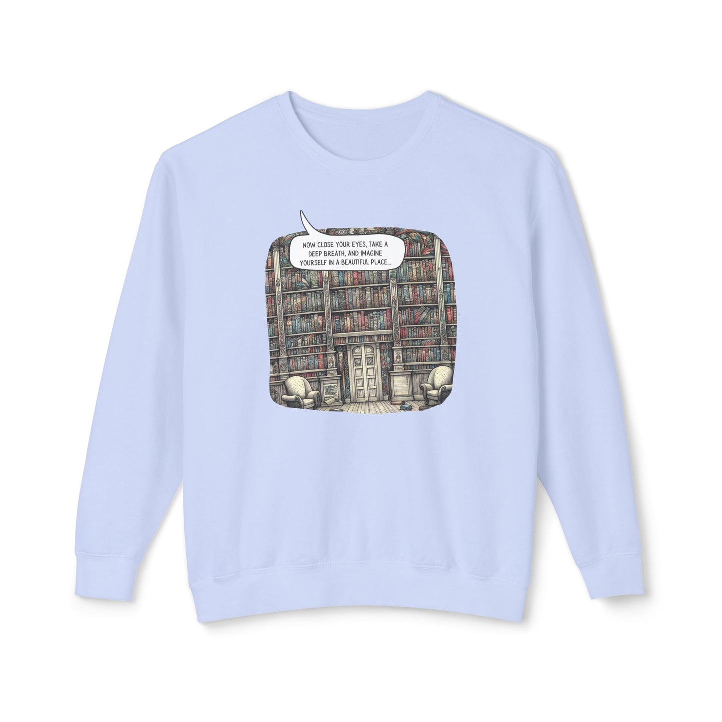 Book Lover's Magical Library Sweatshirt, Illustrating a Ceiling-to-Floor Literary Oasis on a Whimsical Print - Lightweight Attire for Fall and Winter