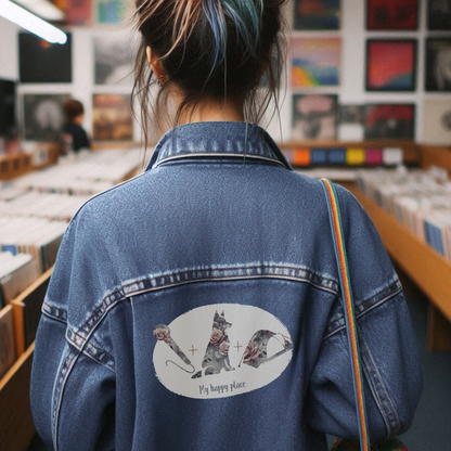 Customizable Women’s Jean Jacket - Personalized "Happy Place" Icons - Vintage Rose Celestial Background Over Denim - Unique Gift