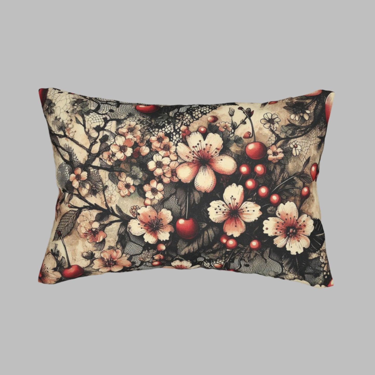 Lumbar Pillow - Blooms, Cherries, and Black Lace