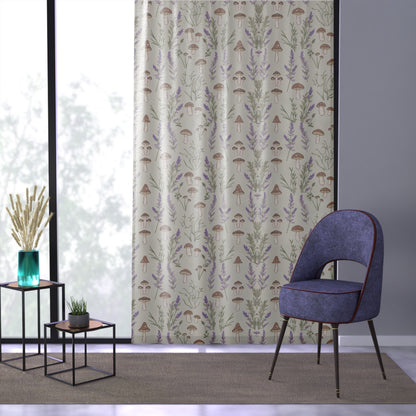 Window Curtain - Boho Botanical Mushroom & Lavender Design, 50" × 84" Sheer