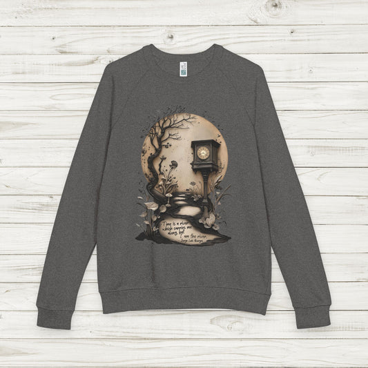 Surreal "Time Is a River" Borges Quote Sweatshirt, Clock & Forest Design on Lane Seven French Terry Crewneck, Dark Fairytale Aesthetic