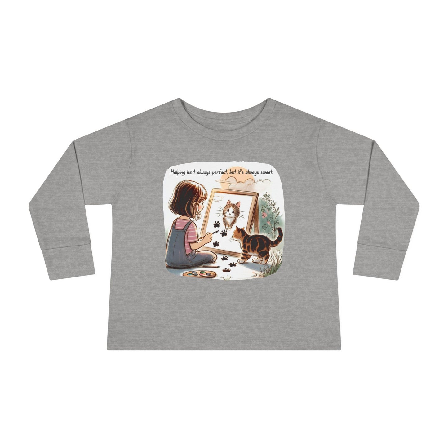 Toddler Long Sleeve Tee - Whimsical Cat Portrait Shirt for Kids, Playful Artistic Unisex Top, Soft