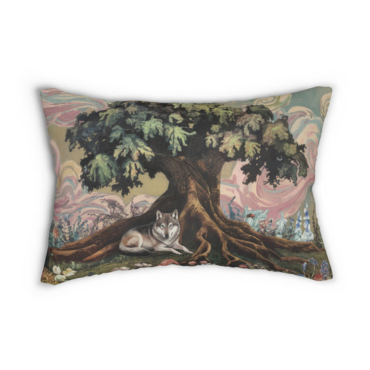 Wolf Lumbar Pillow, Mystical Tree Cushion, Dark Fairytale Woodland Home Decor, 20x14 Gothic Throw Pillow