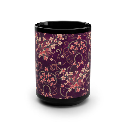 Floral Patterned Black Mug, Perfect Gift for Tea Lovers, 15oz Coffee Mug, Home Decor, Artful Drinkware, Cute Kitchen Essentials
