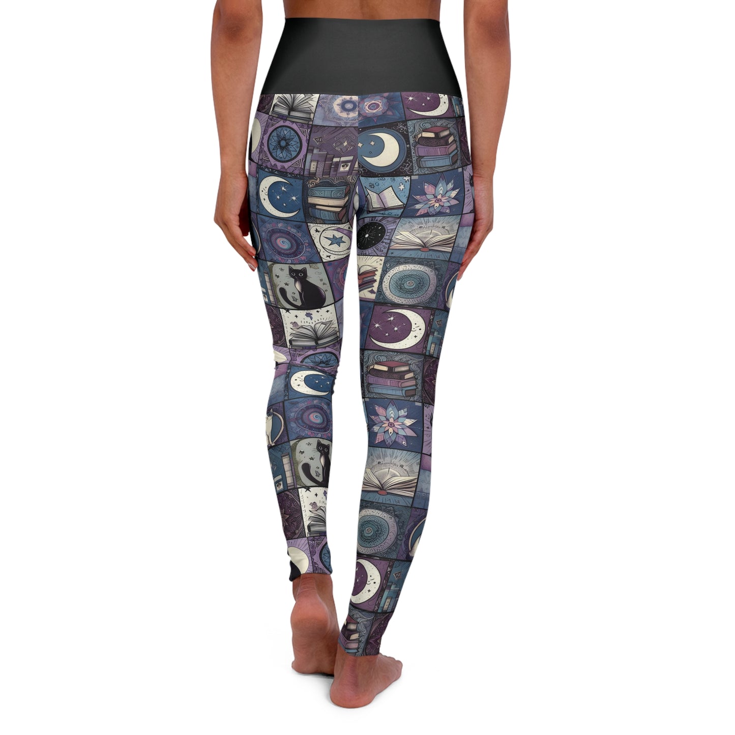 High Waisted 'Cats, Books, & Moons' Patchwork Yoga Leggings – Cute & Comfy Athleisure for Bookworm Feline Lovers