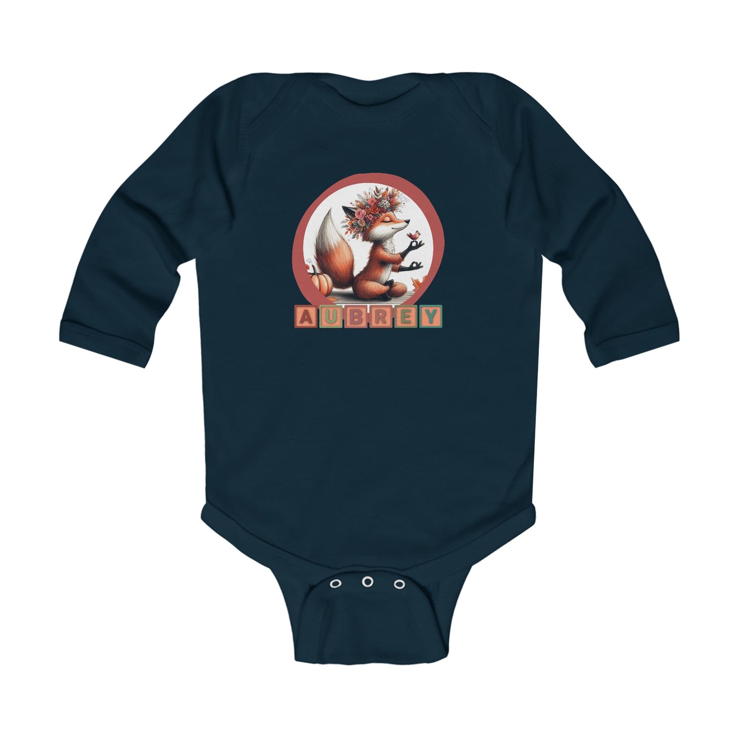 Personalized Baby Long Sleeve Bodysuit - Cute Whimsical Meditative Autumn Fox, Sizes Up to 18mo, Multiple Colors Available