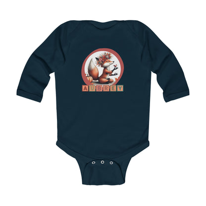 Personalized Baby Long Sleeve Bodysuit - Cute Whimsical Meditative Autumn Fox, Sizes Up to 18mo, Multiple Colors Available