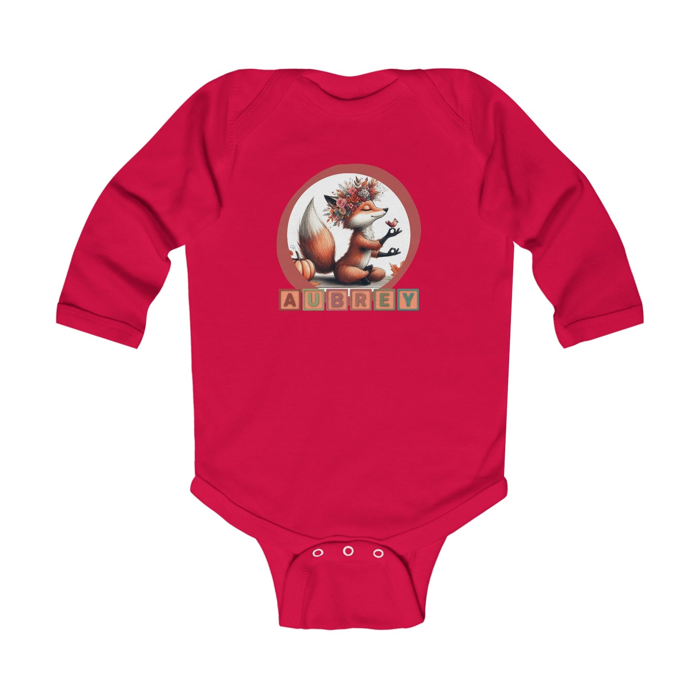 Personalized Baby Long Sleeve Bodysuit - Cute Whimsical Meditative Autumn Fox, Sizes Up to 18mo, Multiple Colors Available