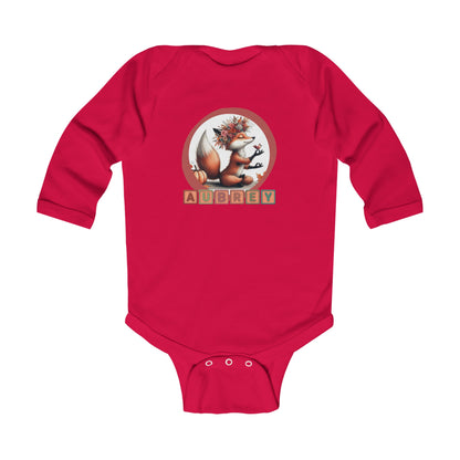 Personalized Baby Long Sleeve Bodysuit - Cute Whimsical Meditative Autumn Fox, Sizes Up to 18mo, Multiple Colors Available