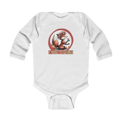 Personalized Baby Long Sleeve Bodysuit - Cute Whimsical Meditative Autumn Fox, Sizes Up to 18mo, Multiple Colors Available