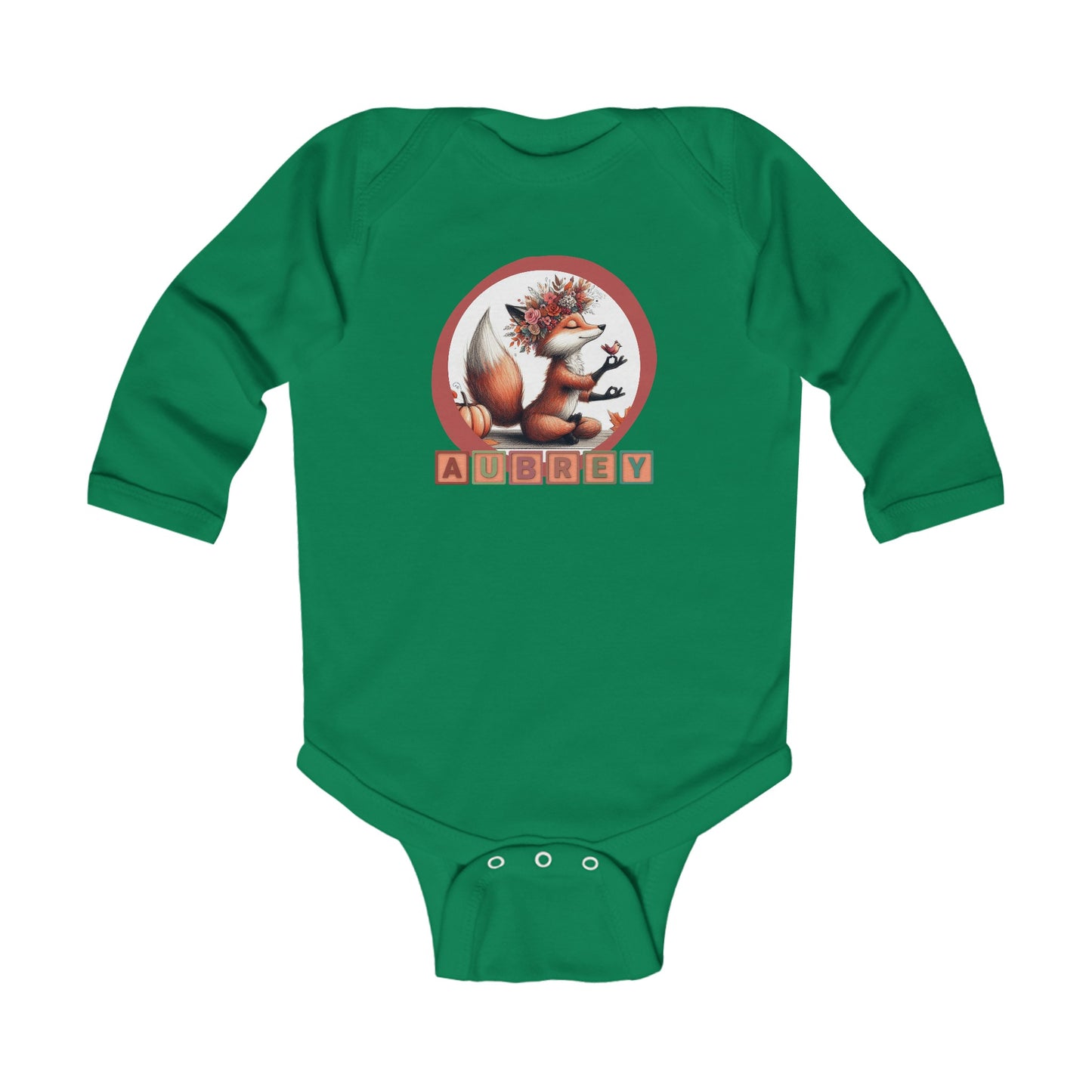 Personalized Baby Long Sleeve Bodysuit - Cute Whimsical Meditative Autumn Fox, Sizes Up to 18mo, Multiple Colors Available