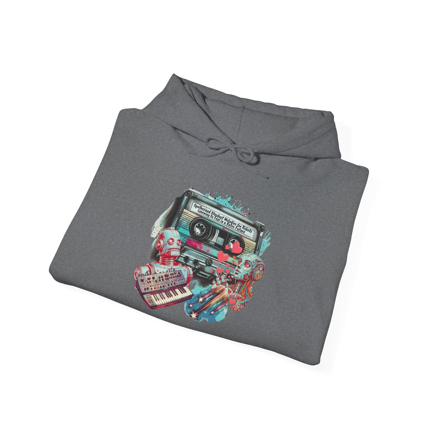 Retro Stardust Melodies Hoodie - Mixtape Collage Design,  Cozy and Perfect for Music Lovers and Fall Festival Attire