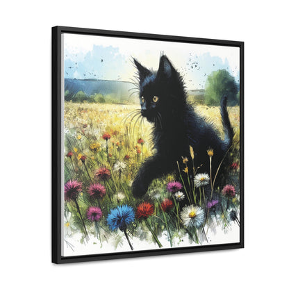 Black Cat Playing in Meadow Gallery-Wrapped Canvas - Cat Lover Gift, Decor for Child's Room or Nursery, Storybook Style Art