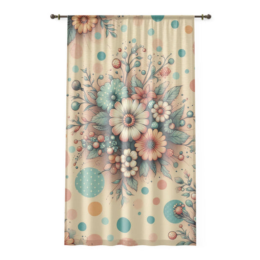 Window Curtain - 50x84" Panel with Vintage-Inspired Daisy Bouquet and Playful Polka Dots