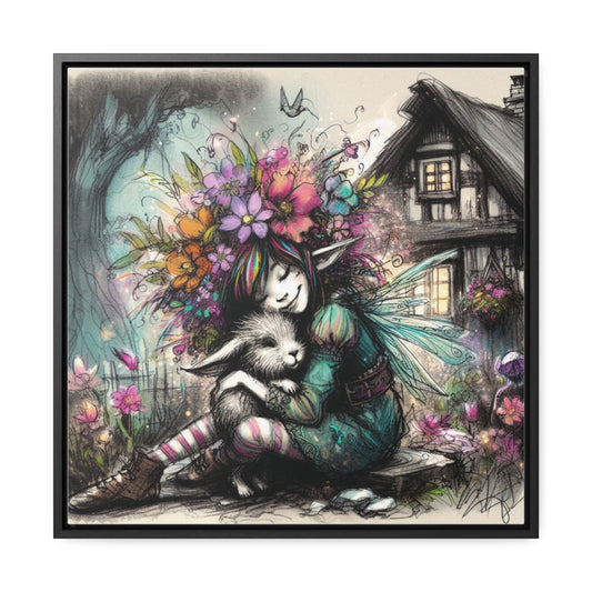 Whimsical Fairy and Bunny Friend Cottage Core Art, Gallery-Wrapped Canvas - Fantasy Decor for Child's Room or Nursery