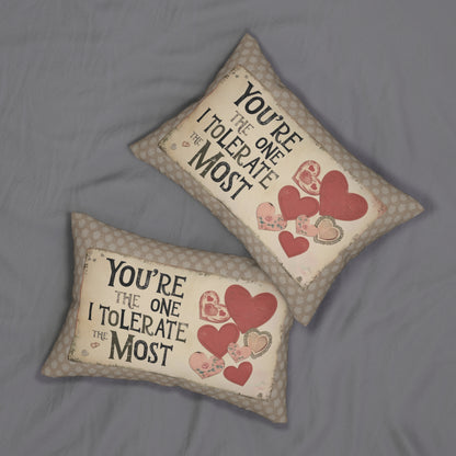 Lumbar Pillow, "You're the One I Tolerate the Most" - Cheeky Romantic Valentine's or Anniversary Gift, Beige with Retro Vintage Hearts