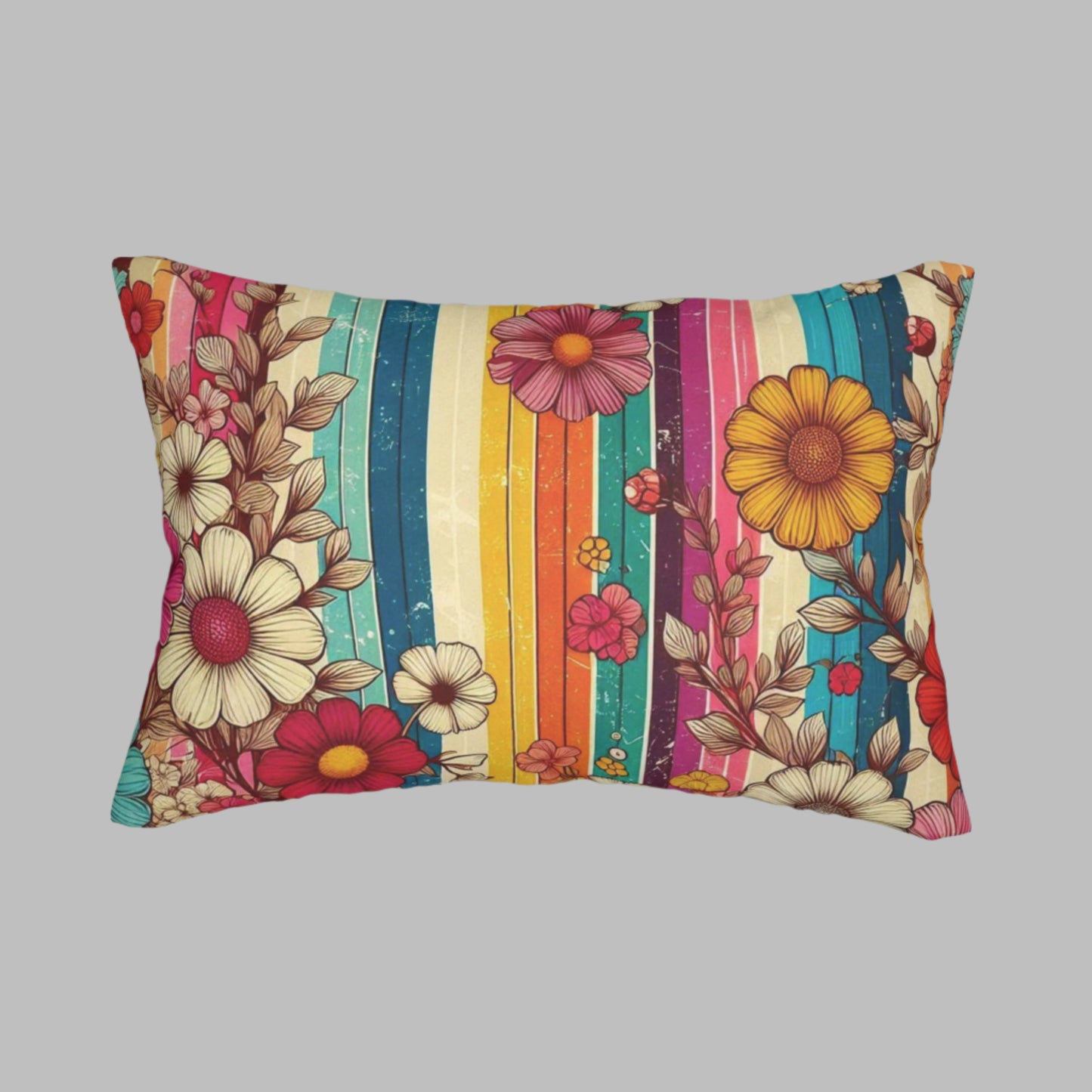 Lumbar Pillow - Retro 70s Inspired Bold Stripes & Nostalgic Florals